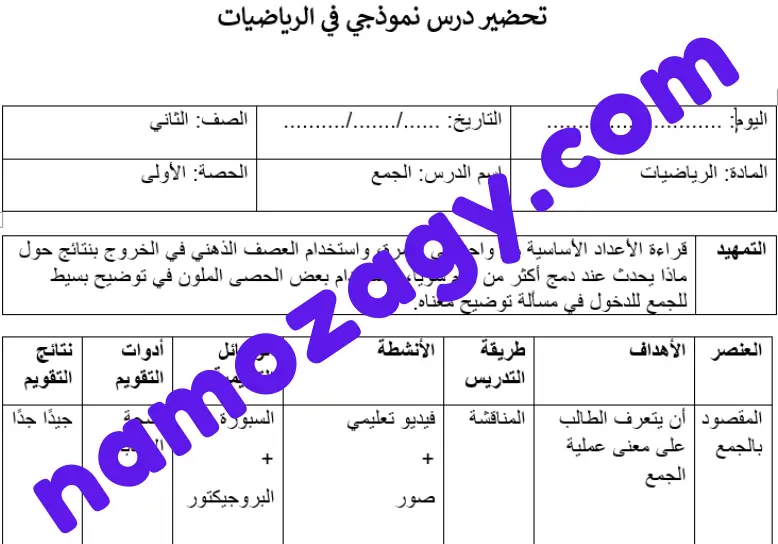 تحضير درس نموذجي في الرياضيات