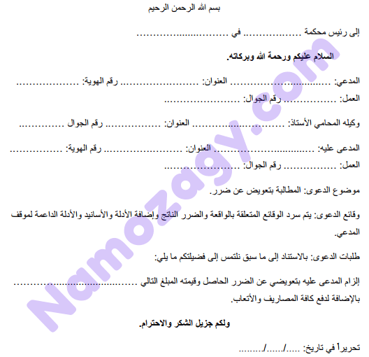 نموذج دعوى تعويض عن ضرر مادي