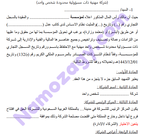 نموذج تحول من مؤسسة إلى شركة ذات مسؤولية محدودة شخص واحد