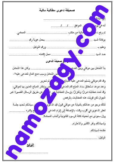 نموذج دعوى مطالبة مالية، نموذج صحيفة دعوى مطالبة مالية